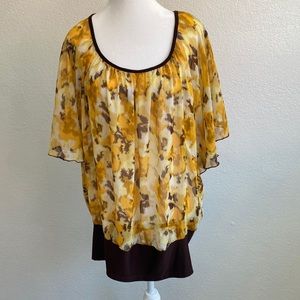 Siren Lily Women’s Floral Yellow Brown Bat Sleeves Pullover Blousy Top Blouse 3X